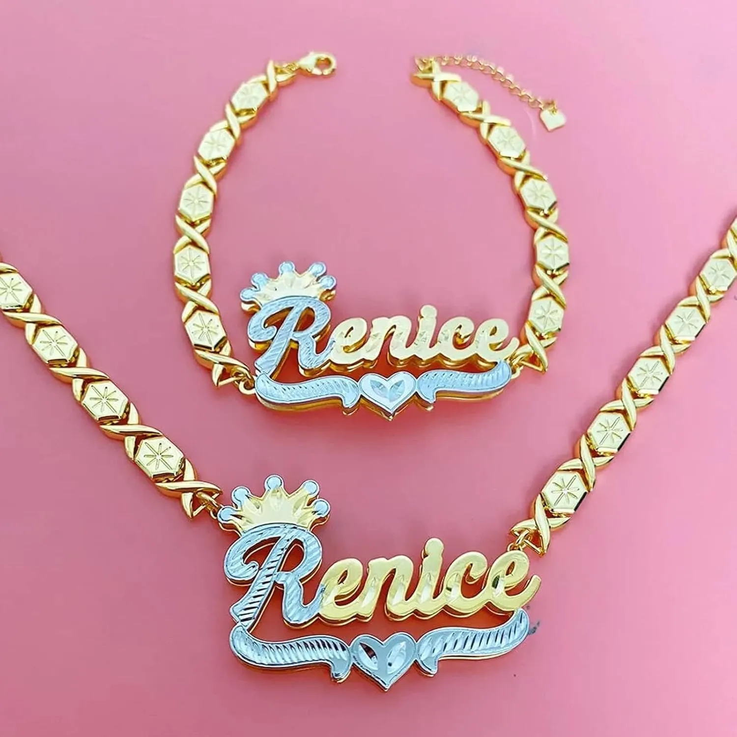 BlingSparkle Double Plated Nameplate Name Necklace Custom Heart Necklace Personalized Two Tone Gold and Silver Custom Name Necklace for Women Teen Girls Jewelry Gift