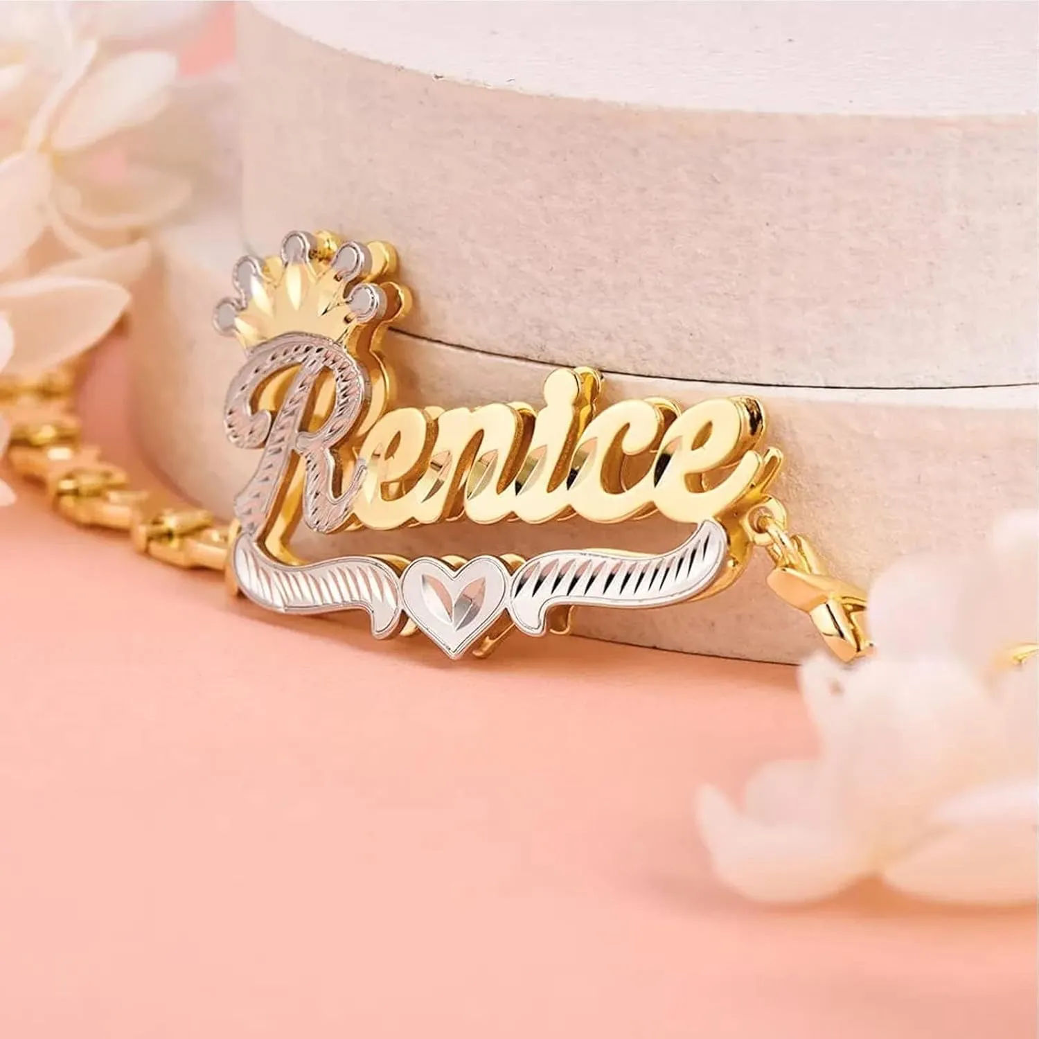 BlingSparkle Double Plated Nameplate Name Necklace Custom Heart Necklace Personalized Two Tone Gold and Silver Custom Name Necklace for Women Teen Girls Jewelry Gift