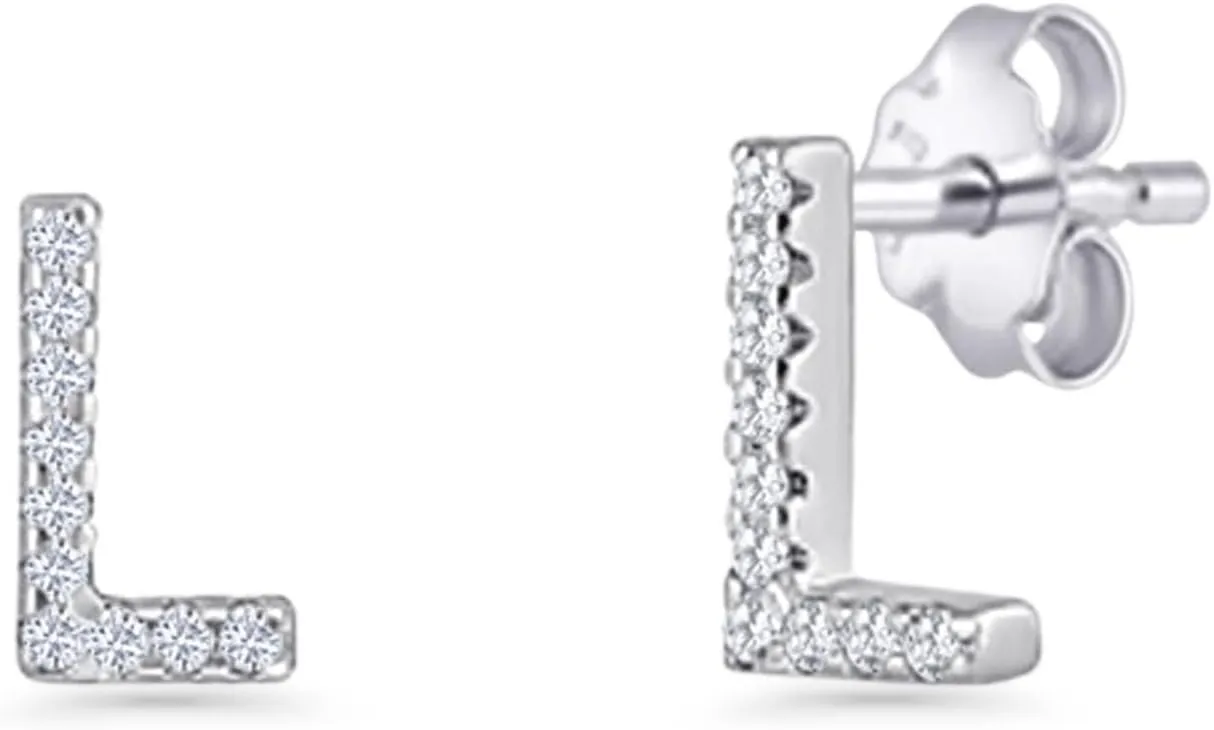 Blue Apple Co. Minimalist 6.5mm Initial Earring Round Cubic Zirconia Classic Style Initial Letter L Stud Earrings For Women Butterfly Push Back 925 Sterling Silver Gift For Her