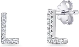 Blue Apple Co. Minimalist 6.5mm Initial Earring Round Cubic Zirconia Classic Style Initial Letter L Stud Earrings For Women Butterfly Push Back 925 Sterling Silver Gift For Her