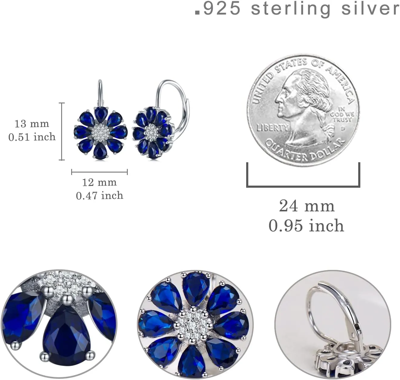 Blue Created Sapphire/Amethyst Flower Earrings for Women 925 Sterling Silver Pear Cut Flower Leverback Earrings