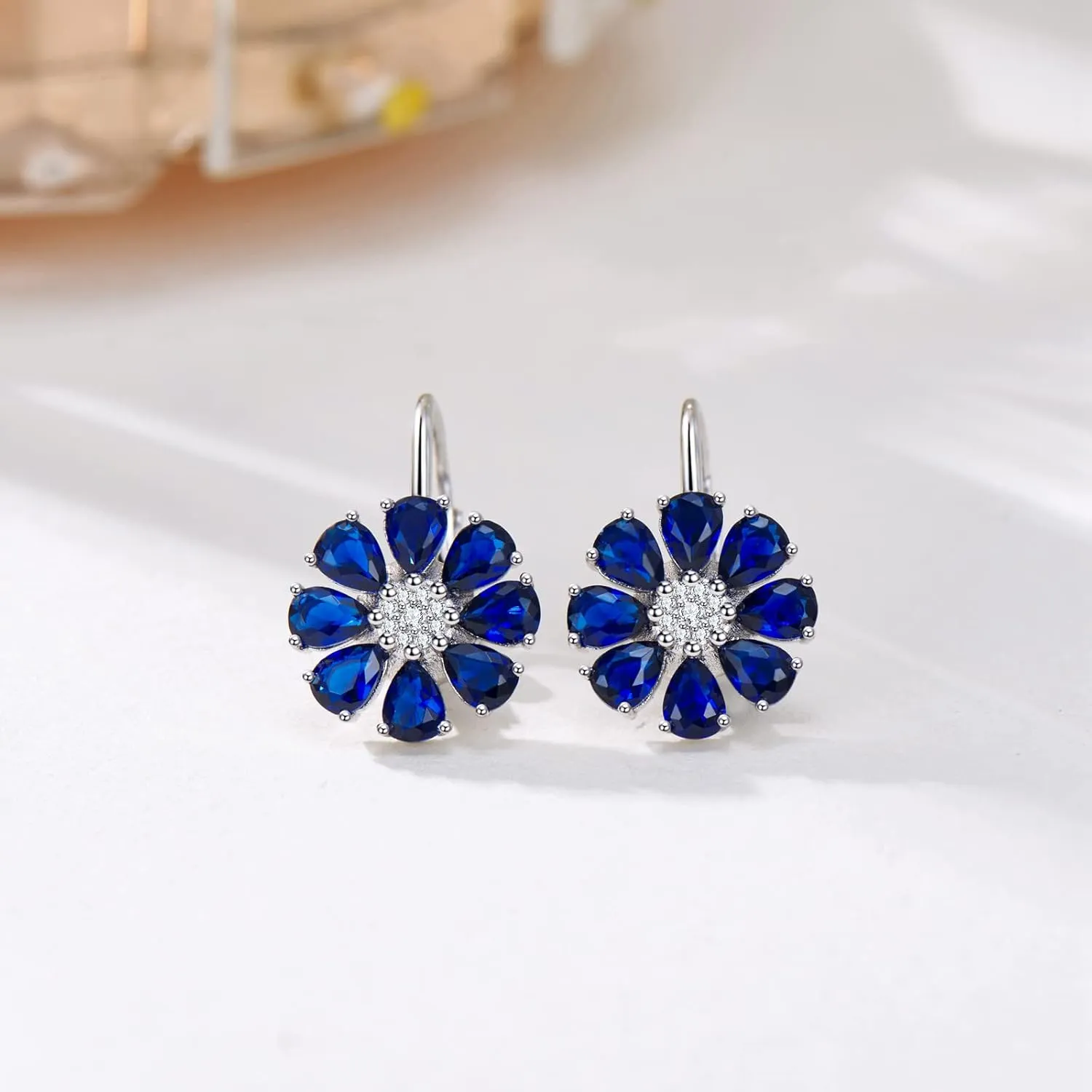 Blue Created Sapphire/Amethyst Flower Earrings for Women 925 Sterling Silver Pear Cut Flower Leverback Earrings