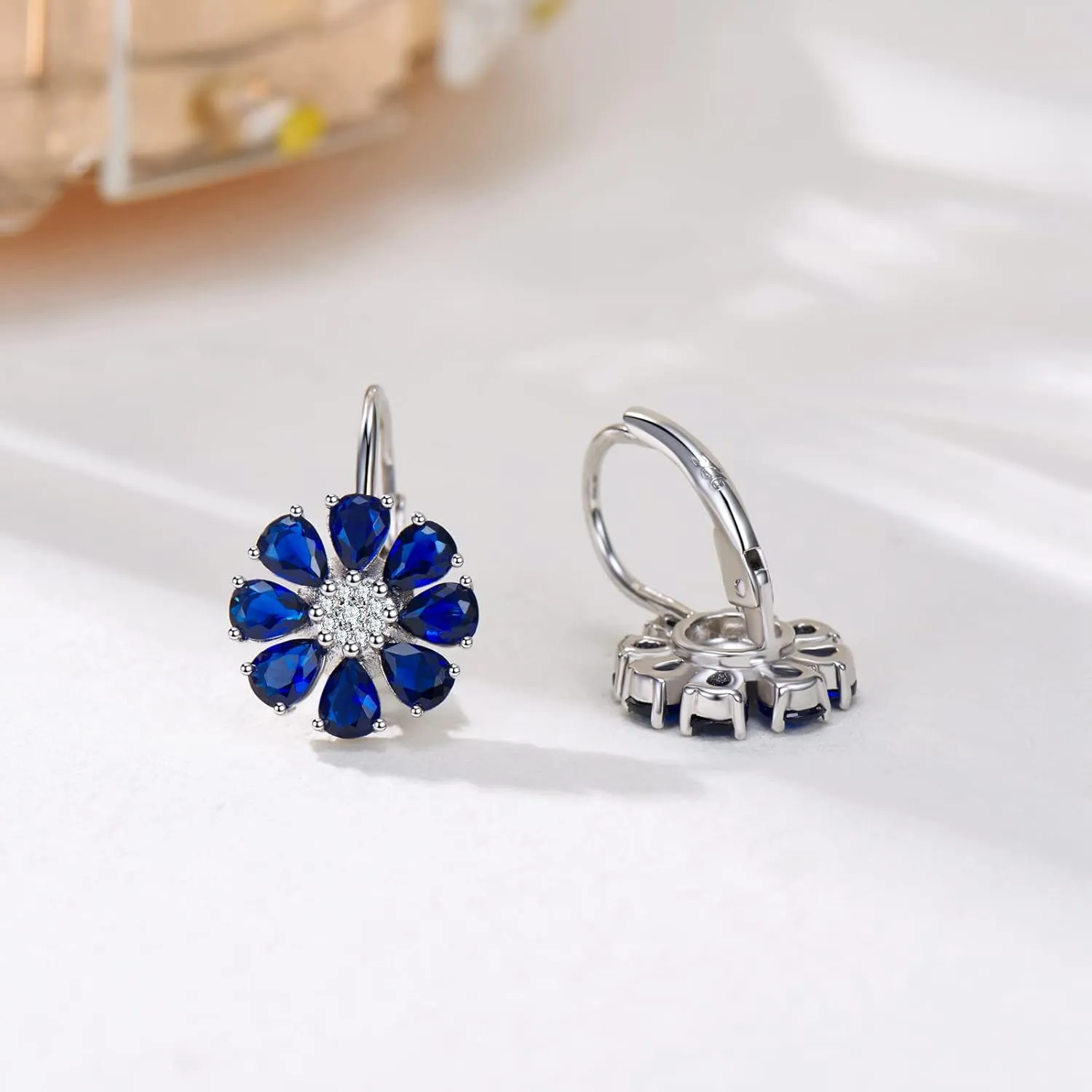 Blue Created Sapphire/Amethyst Flower Earrings for Women 925 Sterling Silver Pear Cut Flower Leverback Earrings