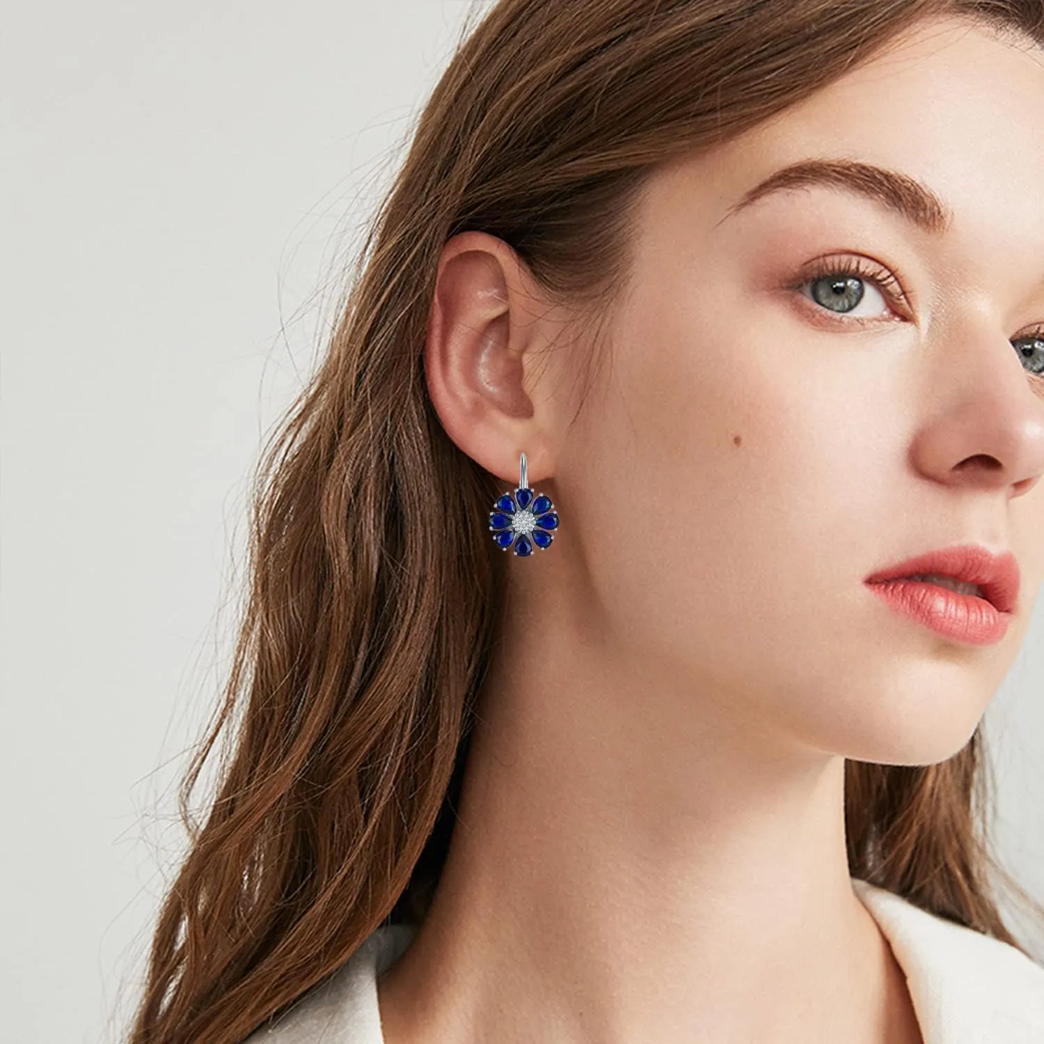 Blue Created Sapphire/Amethyst Flower Earrings for Women 925 Sterling Silver Pear Cut Flower Leverback Earrings