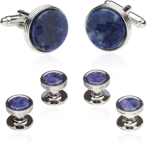 Blue Sodalite Tuxedo Shirt Cufflinks Studs Formal Set for Men with Travel Gift Box Lapis Lazuli Blue Cufflinks and Studs