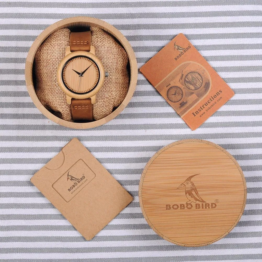 BOBO BIRD Men's Women's Bamboo Wooden Watch with Brown Cowhide Leather Strap Analog Quartz Casual Watches