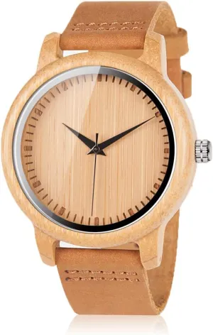 BOBO BIRD Men's Women's Bamboo Wooden Watch with Brown Cowhide Leather Strap Analog Quartz Casual Watches