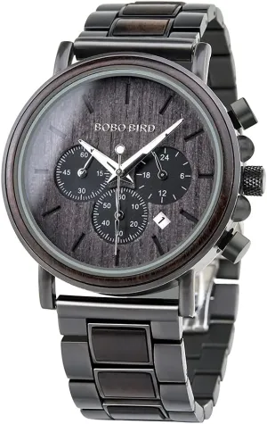 BOBO BIRD Mens Wooden Watches Business Casual Wristwatches Stylish Ebony Wood & Stainless Steel Combined Chronograph