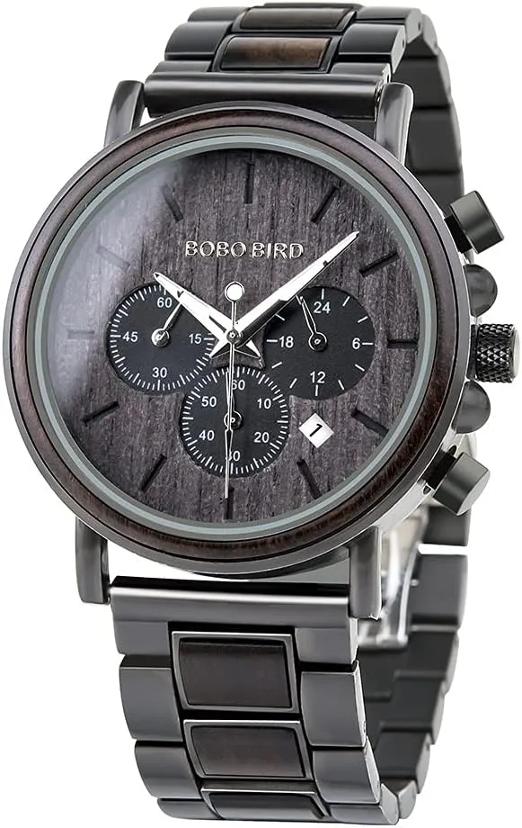 BOBO BIRD Mens Wooden Watches Business Casual Wristwatches Stylish Ebony Wood & Stainless Steel Combined Chronograph