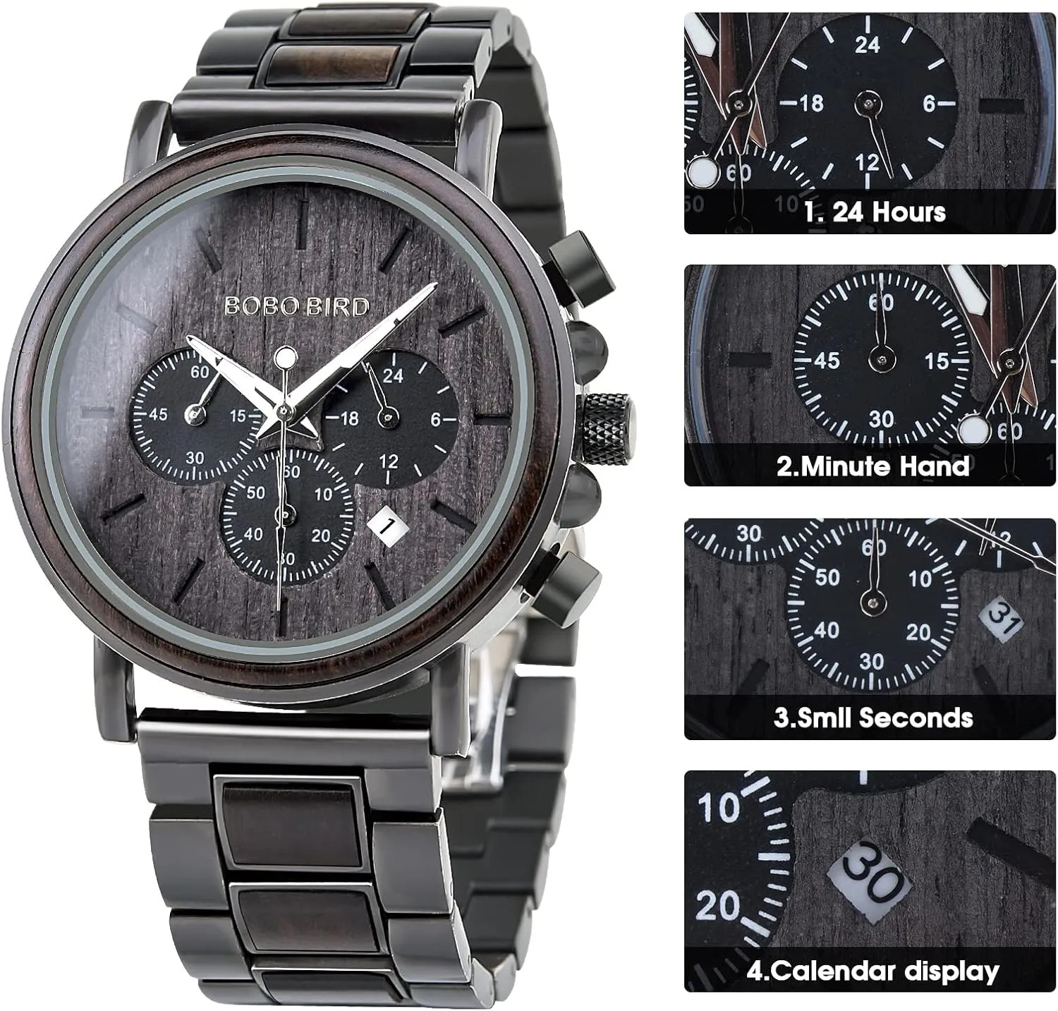 BOBO BIRD Mens Wooden Watches Business Casual Wristwatches Stylish Ebony Wood & Stainless Steel Combined Chronograph