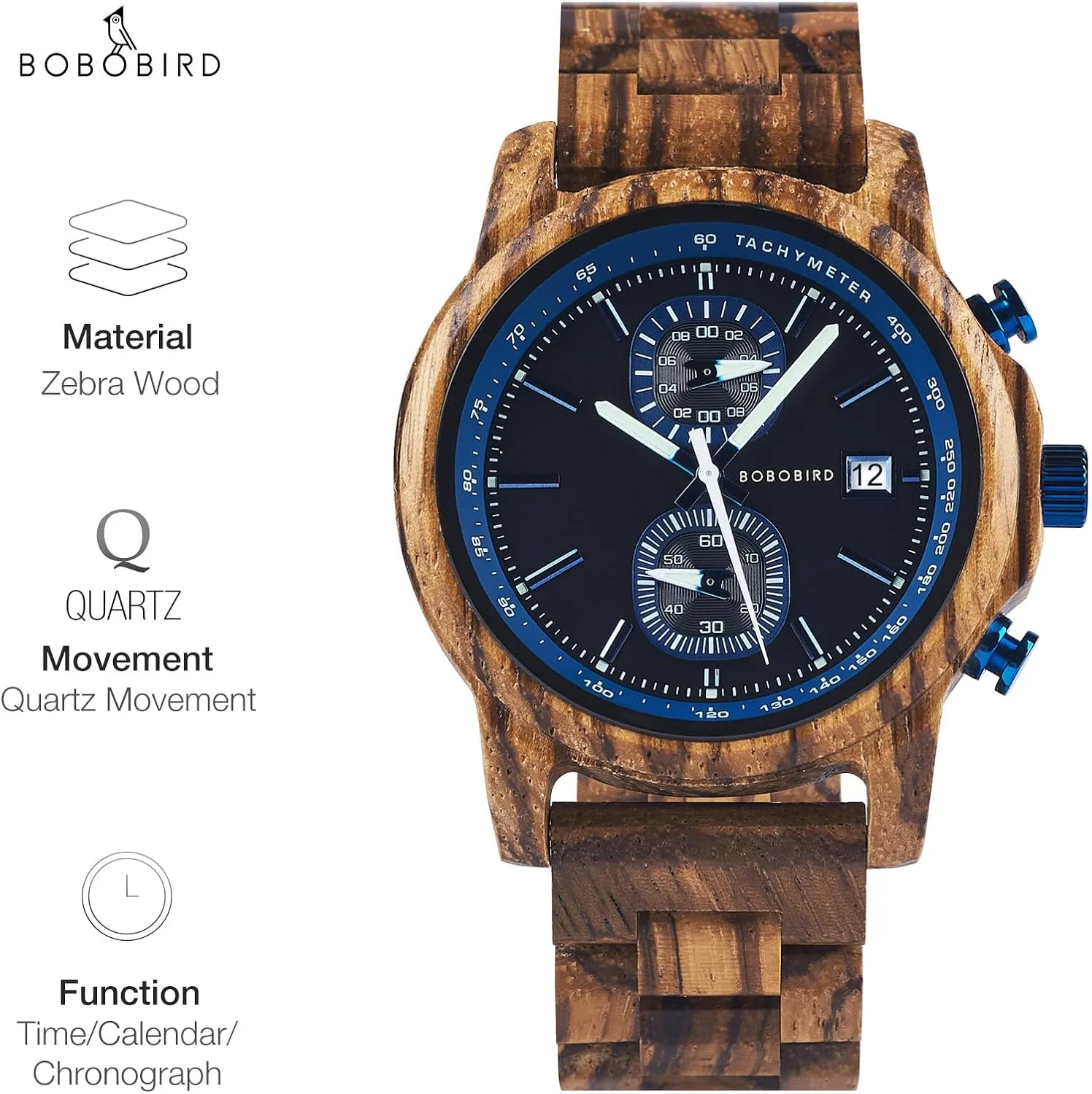 BOBO BIRD Wooden Watch for Men Women Ultra-Light 50g Luminous Hands Chronograph Date Casual Business Gift