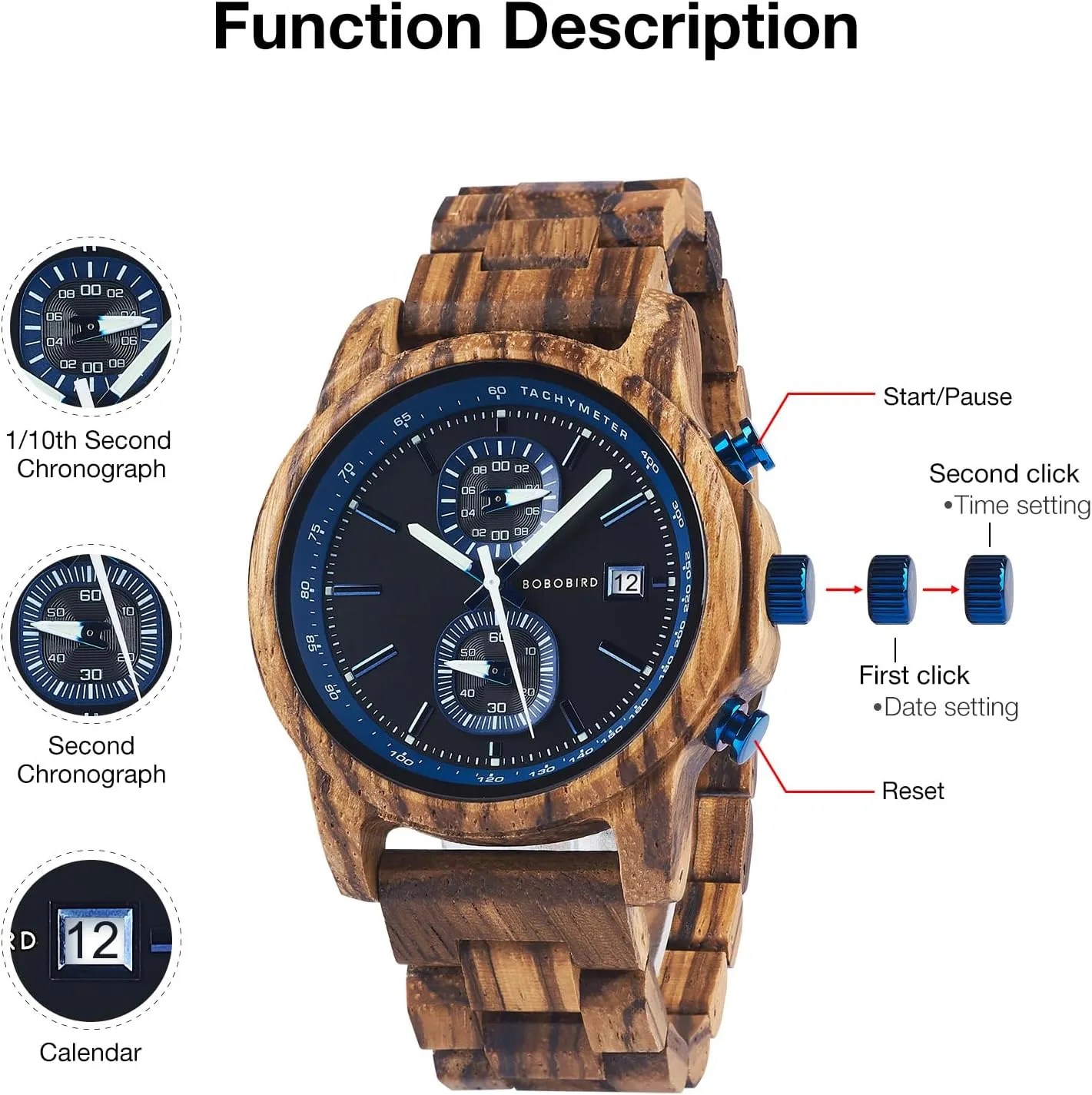 BOBO BIRD Wooden Watch for Men Women Ultra-Light 50g Luminous Hands Chronograph Date Casual Business Gift