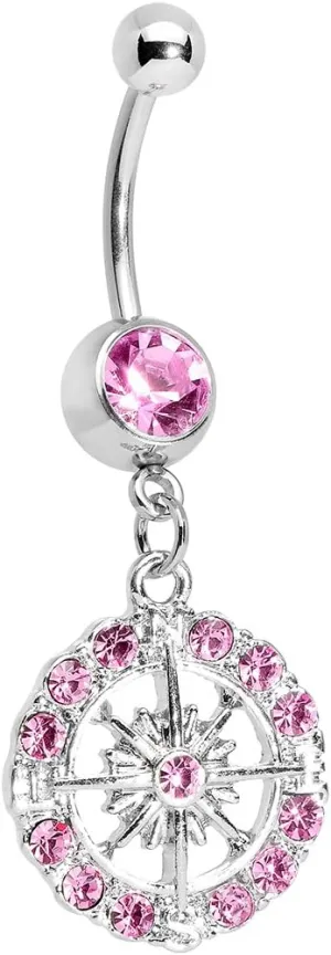 Body Candy Stainless Steel Pink Sparkling Sunburst Flower Dangle Belly Button Ring