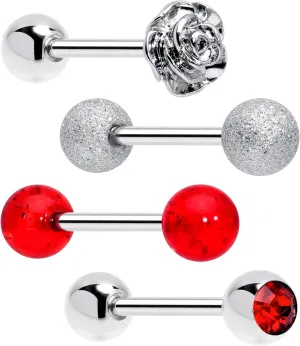 Body Candy Womens 14G 316L StainlessSteel 4Pc Red Ball Flower Sandblasted Barbell Tongue Ring Set Body Piercing Jewelry
