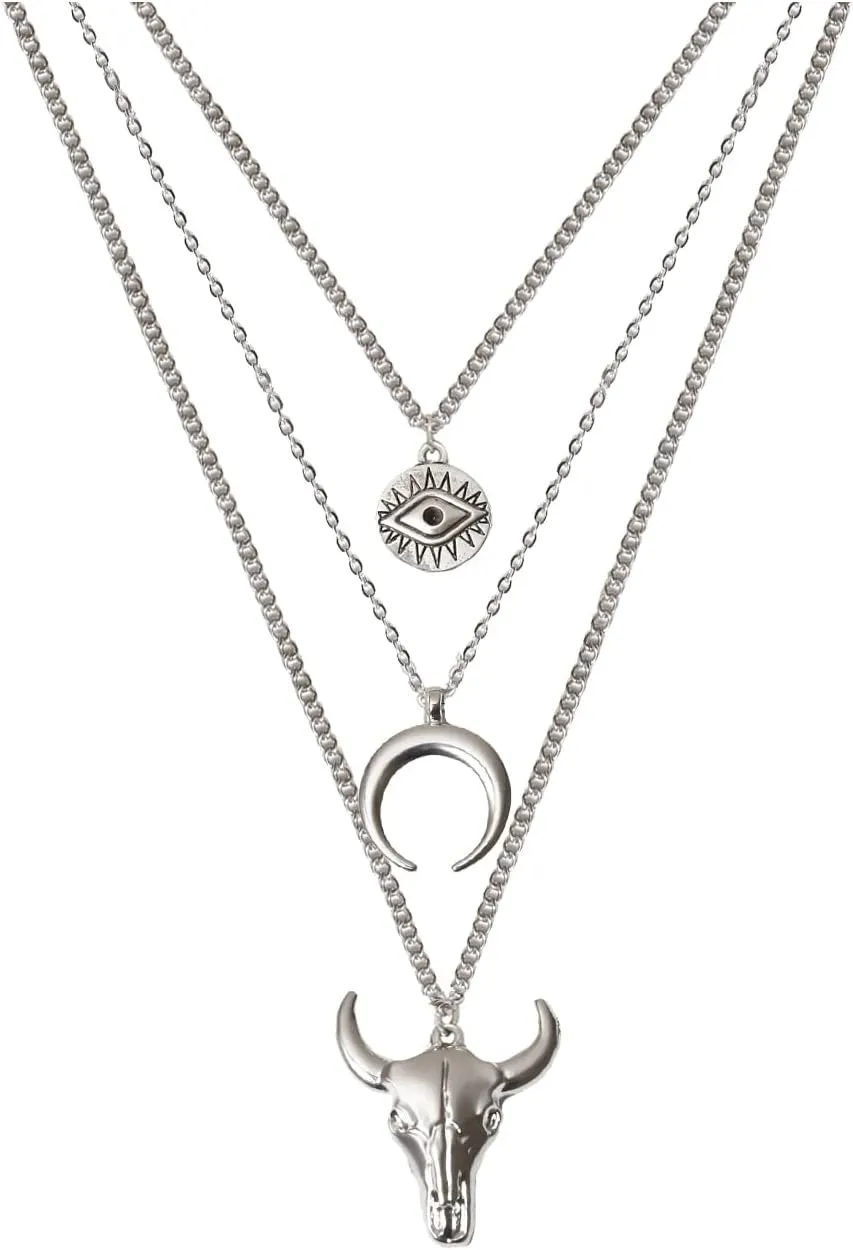 Boho Layered Necklaces for Women Cowgirl Necklaces for Women Western Necklaces for Women Evil Eye Moon Bull Head Necklace Western Jewelry Cowgirl Jewelry for Women Cowgirl Accessories for Women