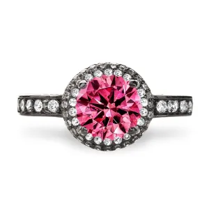 Bold Round Double Halo Lab Created Pink Sapphire Sterling Silver Ring in Black Gold