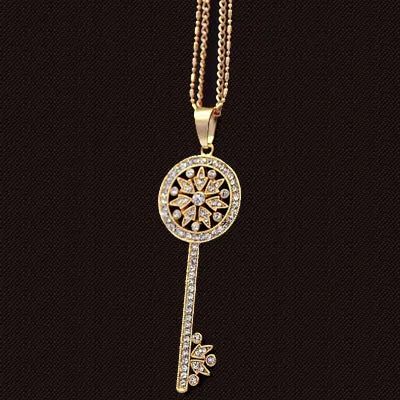 Brand Imitation Gold Silver Plated Luxury Crystal Full Rhinestone Fake Pearl Key Pendant Long Chain Necklace Women Jewelry