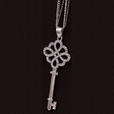 Brand Imitation Gold Silver Plated Luxury Crystal Full Rhinestone Fake Pearl Key Pendant Long Chain Necklace Women Jewelry