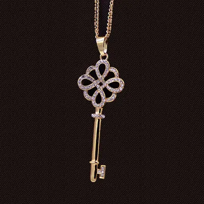 Brand Imitation Gold Silver Plated Luxury Crystal Full Rhinestone Fake Pearl Key Pendant Long Chain Necklace Women Jewelry