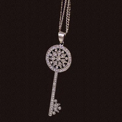 Brand Imitation Gold Silver Plated Luxury Crystal Full Rhinestone Fake Pearl Key Pendant Long Chain Necklace Women Jewelry