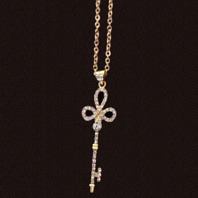 Brand Imitation Gold Silver Plated Luxury Crystal Full Rhinestone Fake Pearl Key Pendant Long Chain Necklace Women Jewelry