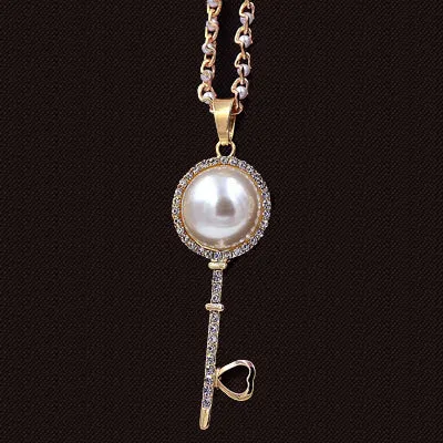 Brand Imitation Gold Silver Plated Luxury Crystal Full Rhinestone Fake Pearl Key Pendant Long Chain Necklace Women Jewelry