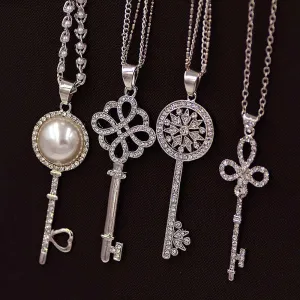 Brand Imitation Gold Silver Plated Luxury Crystal Full Rhinestone Fake Pearl Key Pendant Long Chain Necklace Women Jewelry