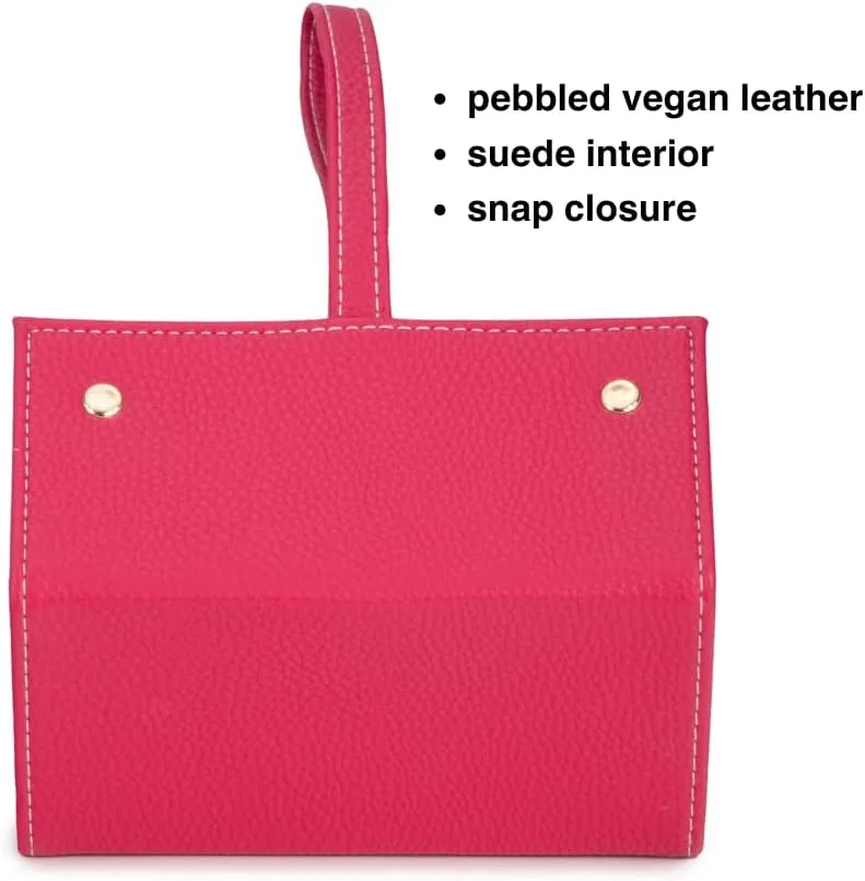 Brouk & Co Leah 5 Eyewear & Jewelry Case - Pebbled Vegan Leather, Foldable Case, Snap Closure, Hanging Loop, Interior Mirror, 5 Compartments: Sunglasses and Jewelry (Fuchsia)