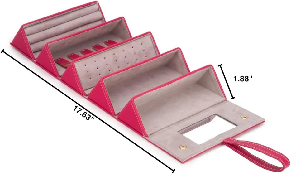Brouk & Co Leah 5 Eyewear & Jewelry Case - Pebbled Vegan Leather, Foldable Case, Snap Closure, Hanging Loop, Interior Mirror, 5 Compartments: Sunglasses and Jewelry (Fuchsia)