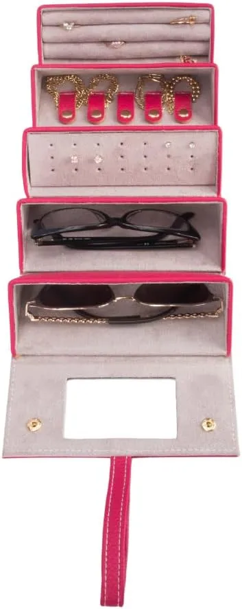 Brouk & Co Leah 5 Eyewear & Jewelry Case - Pebbled Vegan Leather, Foldable Case, Snap Closure, Hanging Loop, Interior Mirror, 5 Compartments: Sunglasses and Jewelry (Fuchsia)