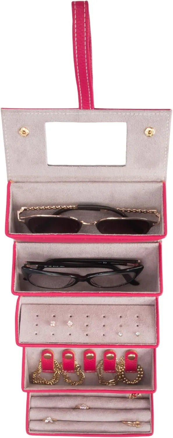 Brouk & Co Leah 5 Eyewear & Jewelry Case - Pebbled Vegan Leather, Foldable Case, Snap Closure, Hanging Loop, Interior Mirror, 5 Compartments: Sunglasses and Jewelry (Fuchsia)
