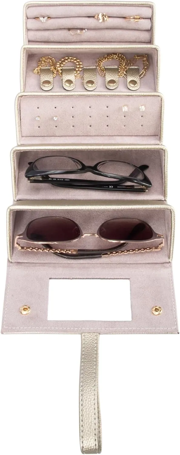 Brouk & Co Leah 5 Eyewear & Jewelry Case - Pebbled Vegan Leather, Foldable Case, Snap Closure, Hanging Loop, Interior Mirror, 5 Compartments: Sunglasses and Jewelry (Gold)