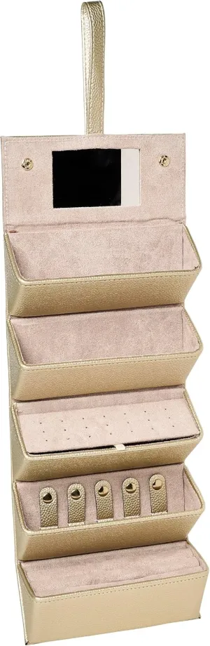 Brouk & Co Leah 5 Eyewear & Jewelry Case - Pebbled Vegan Leather, Foldable Case, Snap Closure, Hanging Loop, Interior Mirror, 5 Compartments: Sunglasses and Jewelry (Gold)