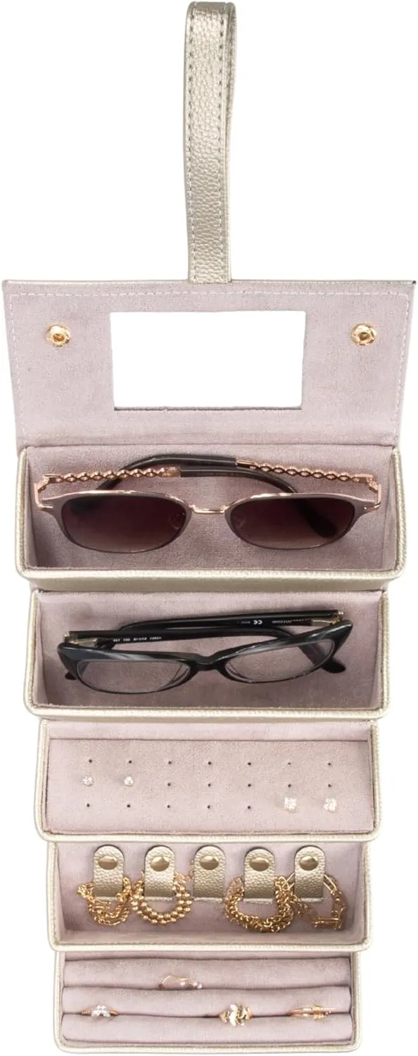 Brouk & Co Leah 5 Eyewear & Jewelry Case - Pebbled Vegan Leather, Foldable Case, Snap Closure, Hanging Loop, Interior Mirror, 5 Compartments: Sunglasses and Jewelry (Gold)