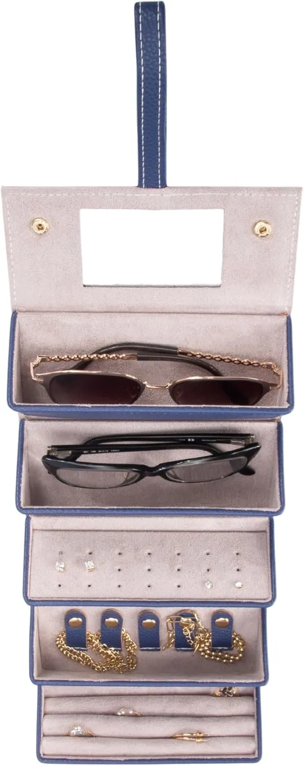 Brouk & Co Leah 5 Eyewear & Jewelry Case - Pebbled Vegan Leather, Foldable Case, Snap Closure, Hanging Loop, Interior Mirror, 5 Compartments: Sunglasses and Jewelry (Navy)