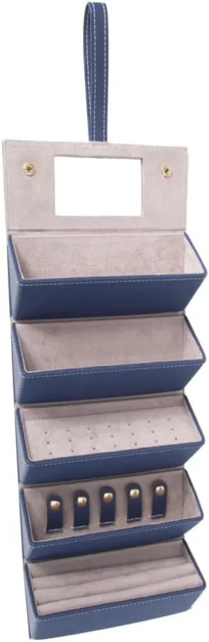 Brouk & Co Leah 5 Eyewear & Jewelry Case - Pebbled Vegan Leather, Foldable Case, Snap Closure, Hanging Loop, Interior Mirror, 5 Compartments: Sunglasses and Jewelry (Navy)