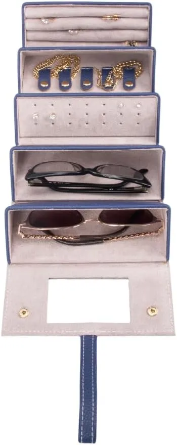 Brouk & Co Leah 5 Eyewear & Jewelry Case - Pebbled Vegan Leather, Foldable Case, Snap Closure, Hanging Loop, Interior Mirror, 5 Compartments: Sunglasses and Jewelry (Navy)