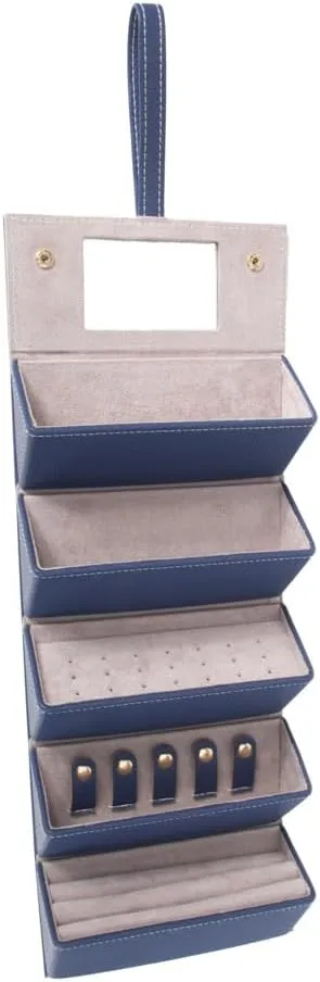 Brouk & Co Leah 5 Eyewear & Jewelry Case - Pebbled Vegan Leather, Foldable Case, Snap Closure, Hanging Loop, Interior Mirror, 5 Compartments: Sunglasses and Jewelry (Navy)
