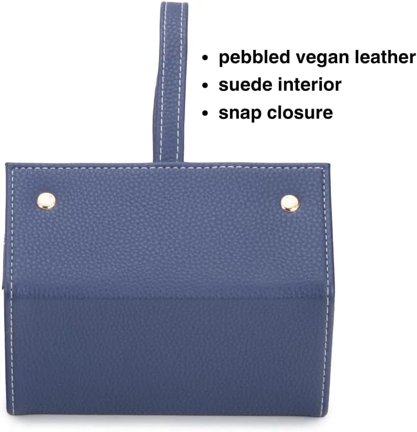 Brouk & Co Leah 5 Eyewear & Jewelry Case - Pebbled Vegan Leather, Foldable Case, Snap Closure, Hanging Loop, Interior Mirror, 5 Compartments: Sunglasses and Jewelry (Navy)