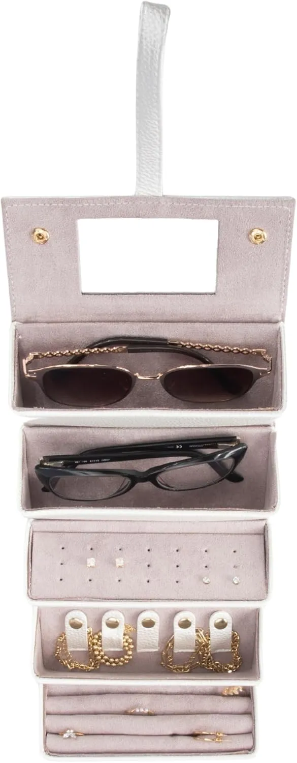 Brouk & Co Leah 5 Eyewear & Jewelry Case - Pebbled Vegan Leather, Foldable Case, Snap Closure, Hanging Loop, Interior Mirror, 5 Compartments: Sunglasses and Jewelry (Pearl White)