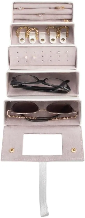 Brouk & Co Leah 5 Eyewear & Jewelry Case - Pebbled Vegan Leather, Foldable Case, Snap Closure, Hanging Loop, Interior Mirror, 5 Compartments: Sunglasses and Jewelry (Pearl White)