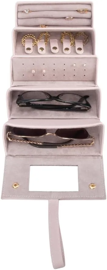 Brouk & Co Leah 5 Eyewear & Jewelry Case - Pebbled Vegan Leather, Foldable Case, Snap Closure, Hanging Loop, Interior Mirror, 5 Compartments: Sunglasses and Jewelry (Pink)
