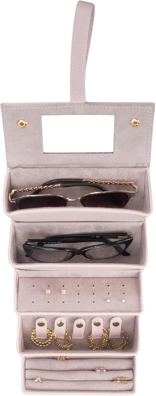 Brouk & Co Leah 5 Eyewear & Jewelry Case - Pebbled Vegan Leather, Foldable Case, Snap Closure, Hanging Loop, Interior Mirror, 5 Compartments: Sunglasses and Jewelry (Pink)
