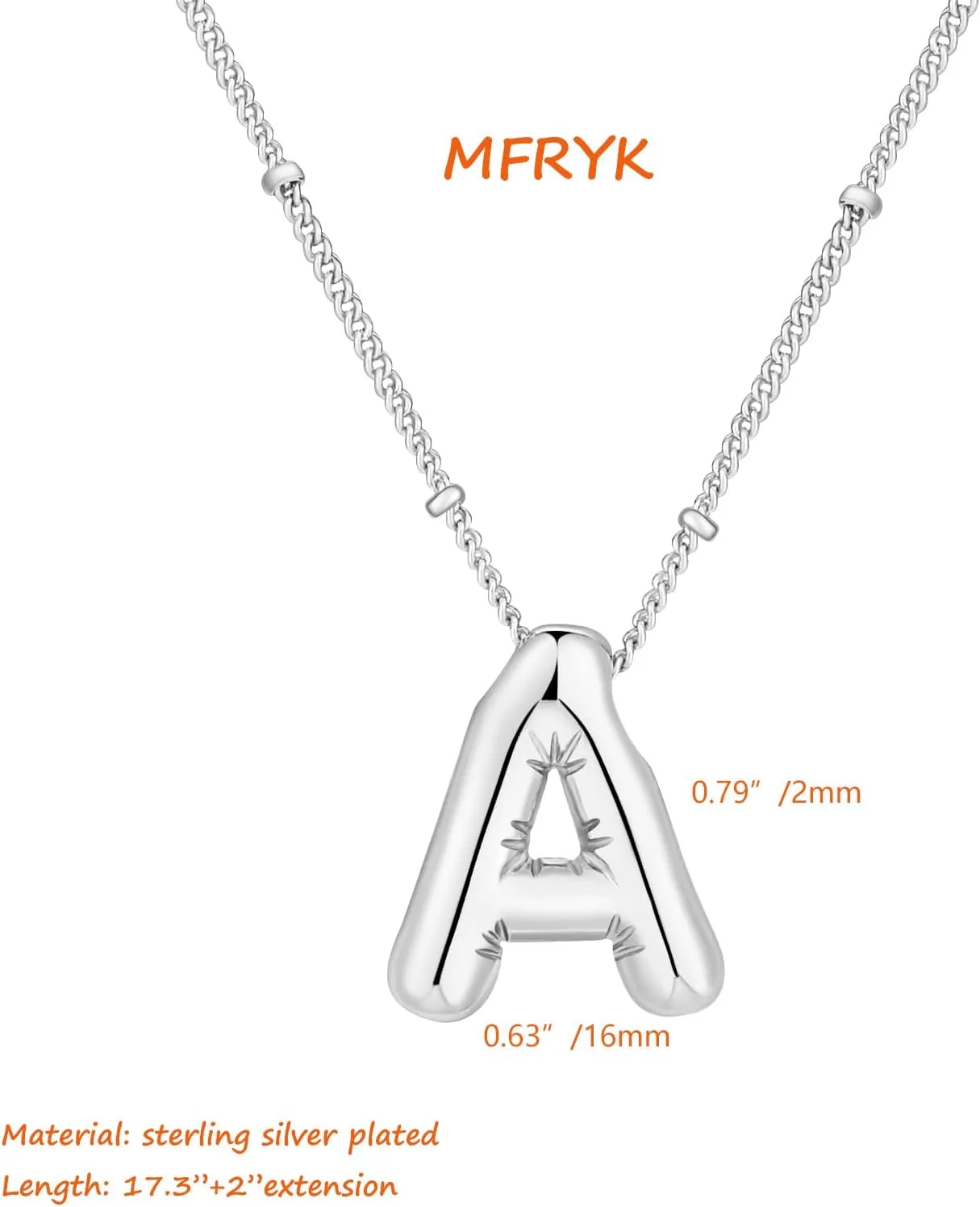 Bubble Letter Necklace Silver For Women,Sterling Silver Plated Balloon Initial Bubble Letter Pendant Necklace,Dainty Charm Chunky Initial Necklaces For Women,Custom Name Necklace Jewelry Gift