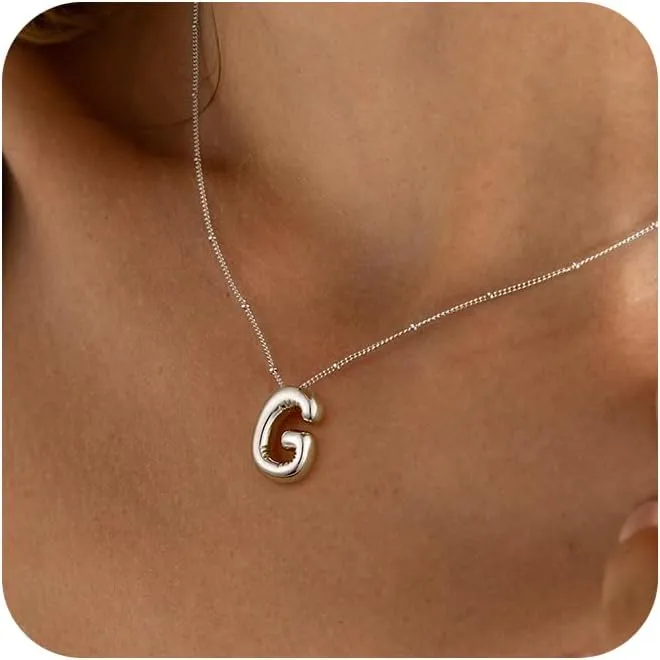 Bubble Letter Necklace Silver For Women,Sterling Silver Plated Balloon Initial Bubble Letter Pendant Necklace,Dainty Charm Chunky Initial Necklaces For Women,Custom Name Necklace Jewelry Gift