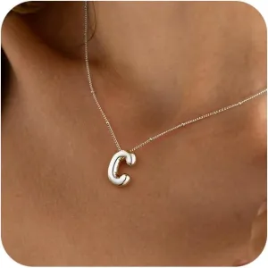 Bubble Letter Necklace Silver For Women,Sterling Silver Plated Balloon Initial Bubble Letter Pendant Necklace,Dainty Charm Chunky Initial Necklaces For Women,Custom Name Necklace Jewelry Gift