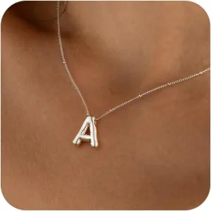 Bubble Letter Necklace Silver For Women,Sterling Silver Plated Balloon Initial Bubble Letter Pendant Necklace,Dainty Charm Chunky Initial Necklaces For Women,Custom Name Necklace Jewelry Gift