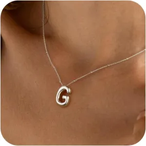 Bubble Letter Necklace Silver For Women,Sterling Silver Plated Balloon Initial Bubble Letter Pendant Necklace,Dainty Charm Chunky Initial Necklaces For Women,Custom Name Necklace Jewelry Gift