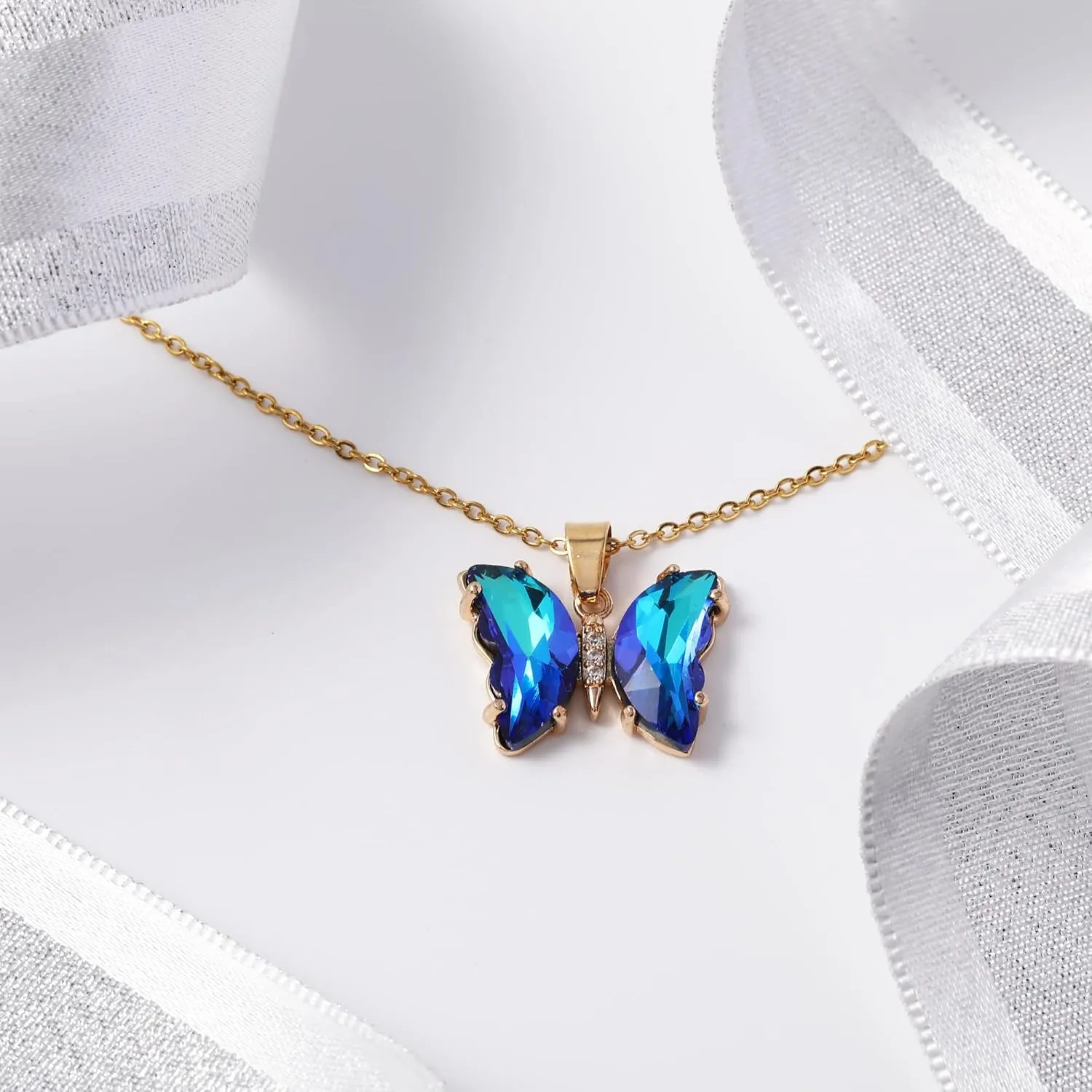 Butterfly Crystal Necklace and Butterfly Bolo Bracelet for Women: 18K Gold Stainless Steel Butterfies Birthston Pendant Choker Necklaces Aesthetic Valentines Day Gifts for Her