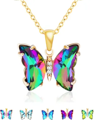 Butterfly Crystal Necklace and Butterfly Bolo Bracelet for Women: 18K Gold Stainless Steel Butterfies Birthston Pendant Choker Necklaces Aesthetic Valentines Day Gifts for Her